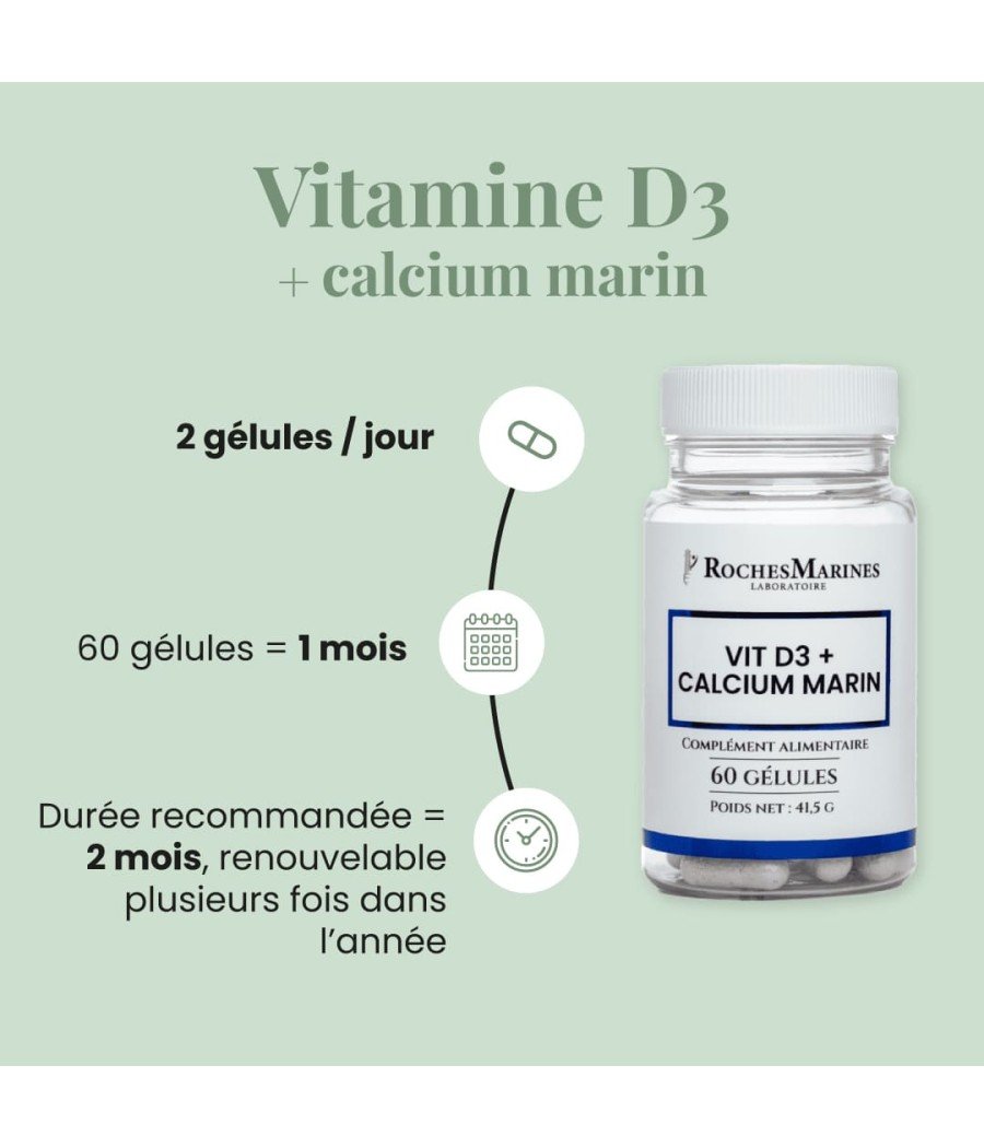 Gélules de Vitamine D3 + Calcium marin